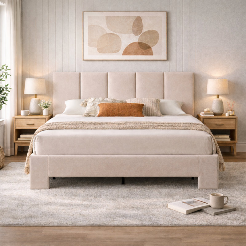Juanetta 44“ Tall Headboard Linen Upholstered Platform Bed,Beige,Queen, Queen, Beige