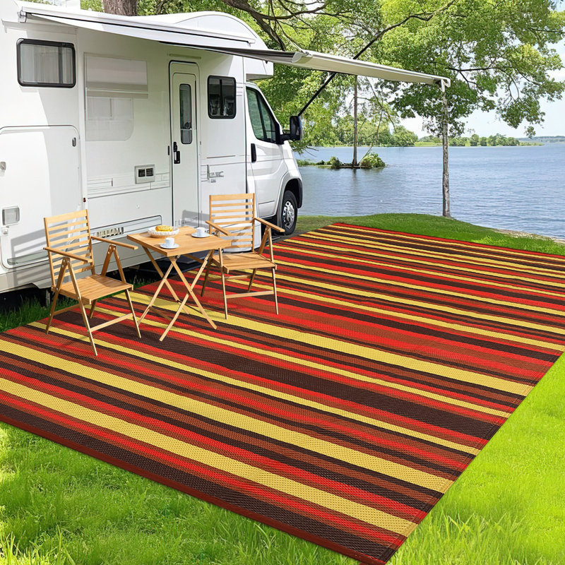 Reversible Waterproof Outdoor Patio Rug - Modern Geometric Striped Plastic Straw Carpet - UV Resistant, Easy to Clean, Durable - 9x18ft, Magenta