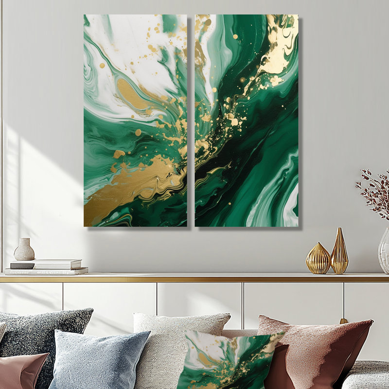 Vert et or Serene Cascade III - Art mural vert 2 panneaux, H 40 po x l 40 po, Toile tendue, Ne s’applique pas