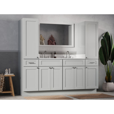 Meuble-lavabo double 78 po avec comptoir en quartz de Carrare et armoires en lin