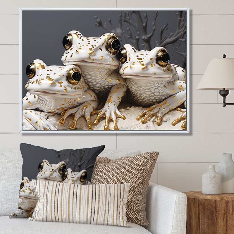 Portrait de grenouilles blanches Pop Art, Cadre flottant blanc, H 16 po x l 32 po x P 1 po