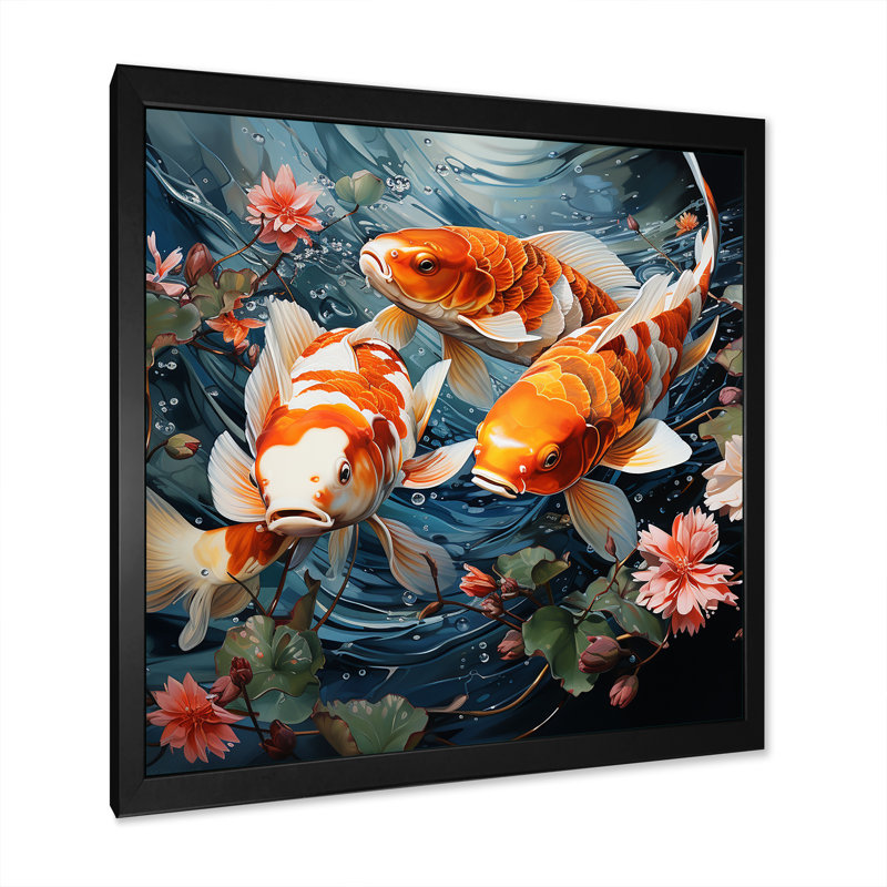 «Orange Tranquil Koi Pond Oasis», art mural Chine, Cadre simple noir, H 16 po x l 16 po x P 1 po
