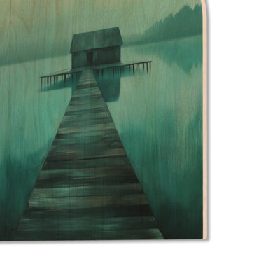 Cabine sur une jetée en bois au lac II - Art mural en bois arqué nature