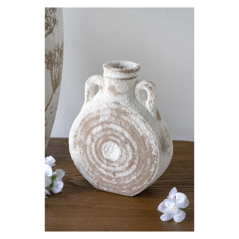 Vase rond rond en céramique au fini blanc usé et brun, H 7,7 po x l 6,1 po