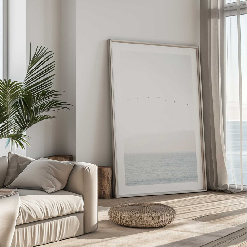 Impression de bord de mer, dans un cadre, H 17 po x l 13 po x P 1,25 po, Cadre opaque blanc