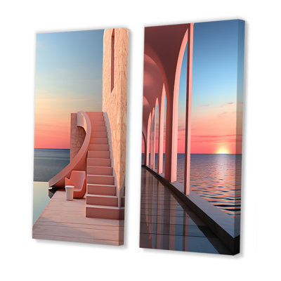 Sunset Coastal Architecture Serenity - Ensemble de 2 décorations murales bord de mer
