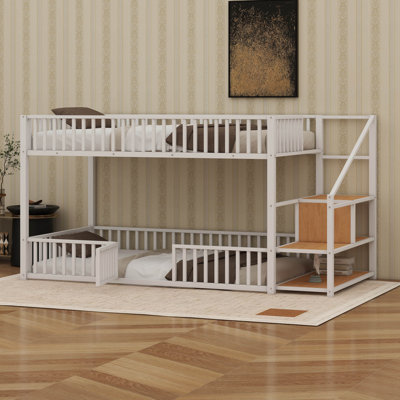 Twin Over Twin Floor Bunk Bed With Storage Ladder And Guardrails