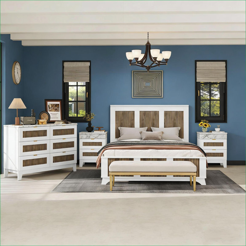 Ensemble de chambre à coucher | Ensemble de rangement 4 pièces pour grand lit / maison d'invité blanc cassé Farmhouse | Panneau de particules | Lits à lattes / broches