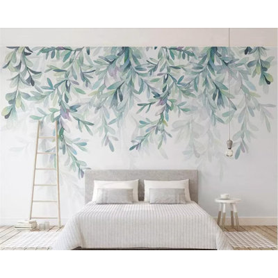Watercolor Hanging Green Teal Vine Leaf Wall Mural White Background Botanical Panoramic Large Format Elegant Accent Wall Art