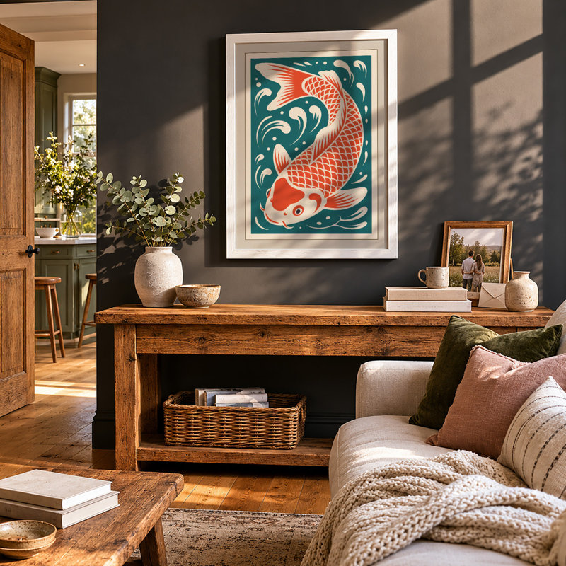 Flowing Koi Japandi - Framed Print, A1 - 84.1 x 59.4 cm, White