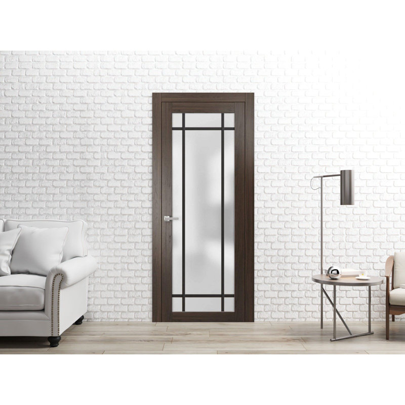 Porte française solide unie | Verre givré Planum 2112 | Poignée simple à panneau régulier | Salle de bain, Frêne chocolat