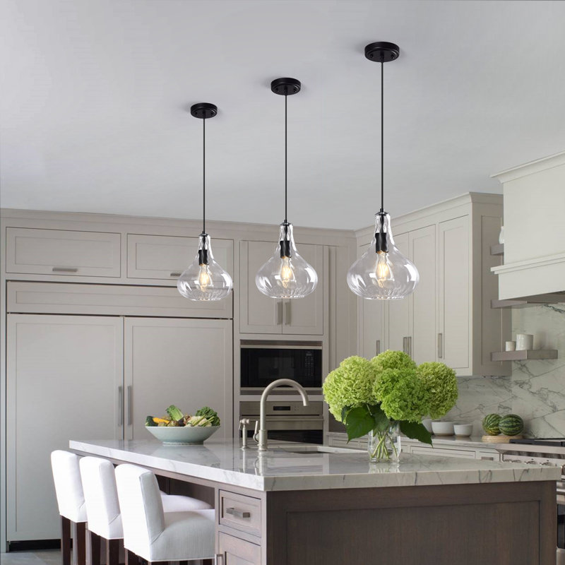 Luminaire suspendu en verre martelé Modern Farmhouse pour îlot de cuisine (paquet de 1), Transparent, Noir
