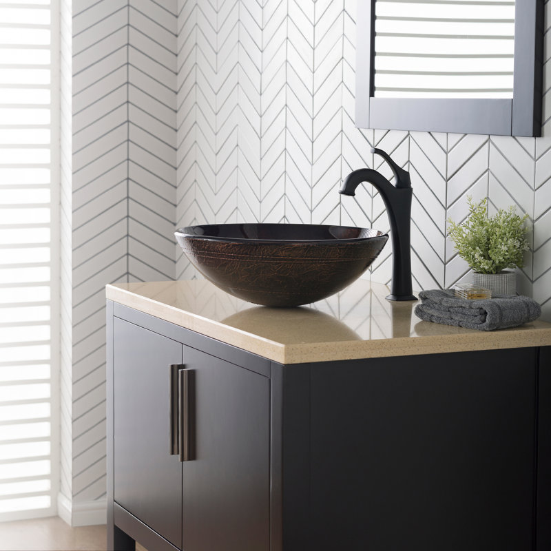 Glass Circular Vessel Bathroom Sink with Faucet, Matte Black