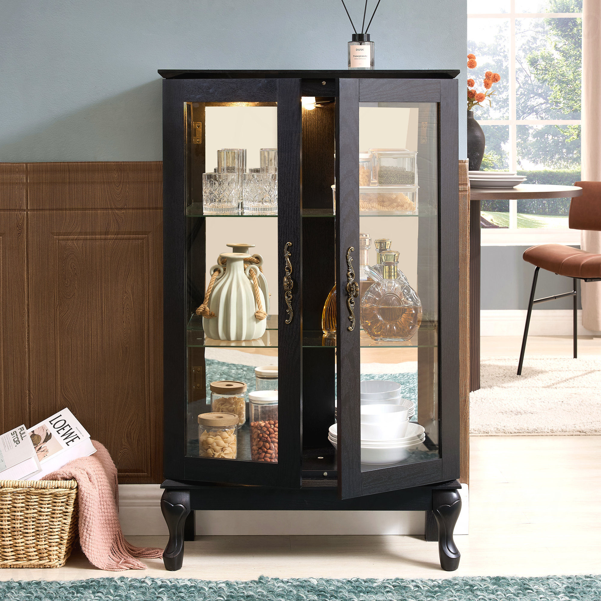 Latitude Run® Light Oak Elegant Curio Cabinet With Tempered Glass Doors ...
