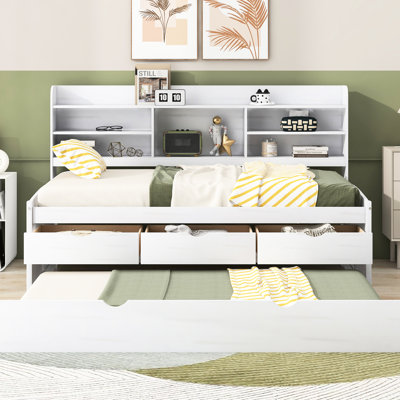 Lit capitaine simple en bois avec tablettes intégrées, 3 tiroirs et lit gigogne escamotable en style blanc