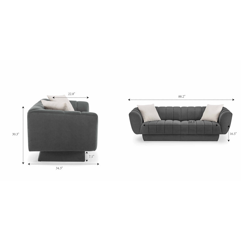 Charlotte 224Cm Velvet Rolled Arms Chesterfield Sofa, Grey