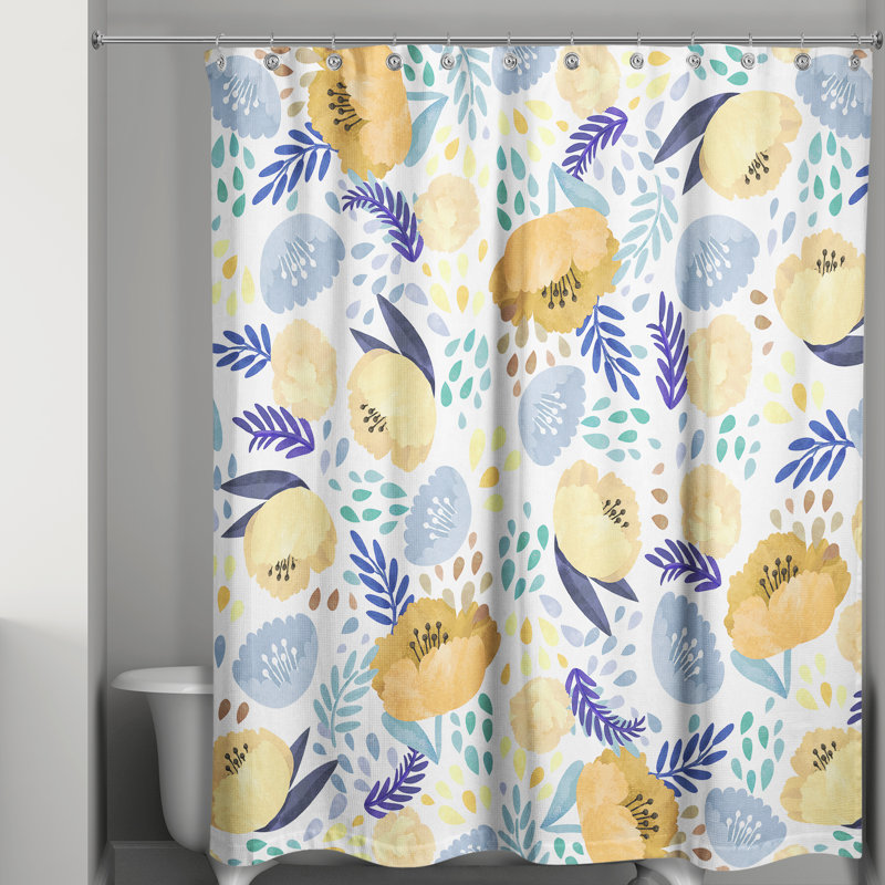 Rideau de douche simple floral Desdemona, Jaune / Bleu