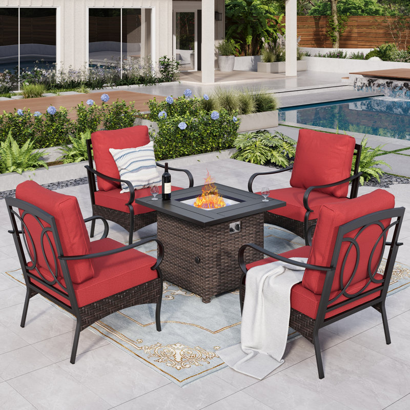 4-person Outdoor Conversation Set With Fire Pit Table, Red