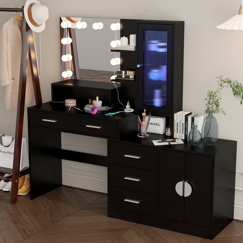 Coiffeuse de maquillage avec lumières, station de charge et miroir, Chrome, Noir, noir, noir, noir