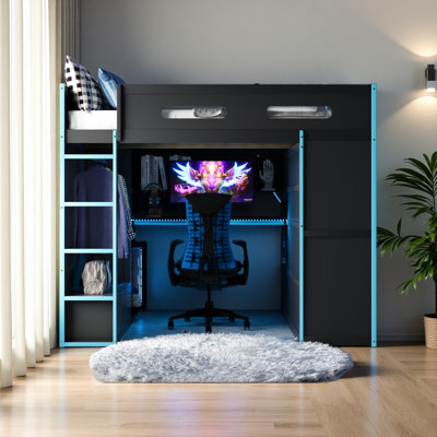 Full Size Wood Loft Bed With Desk,Wardrobe,Ample Storage Space,And RGB Light