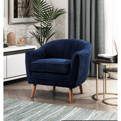 Mobilier de style Mid-Century moderne, fauteuil d'appoint bleu, revêtement texturé, pieds à finition brune, siège d'une hauteur de 20 po avec look, tissu chenille, housse de coussin amovible