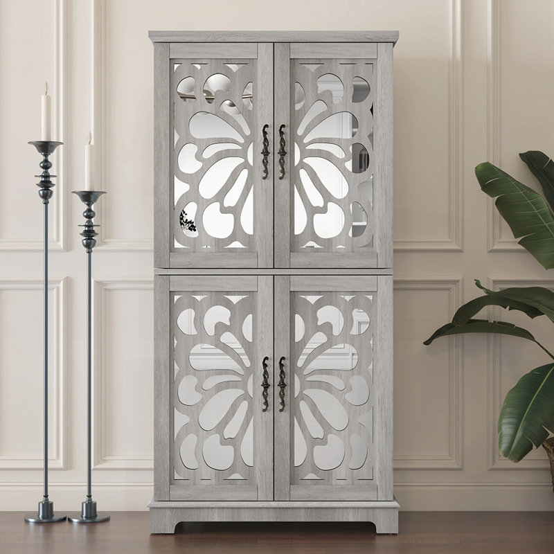 4 Doors Mirrored Accent Storage Cabinet with Adjustable Shelves for Corner, Entryway, Living Room, Bedroom, and Kitchen