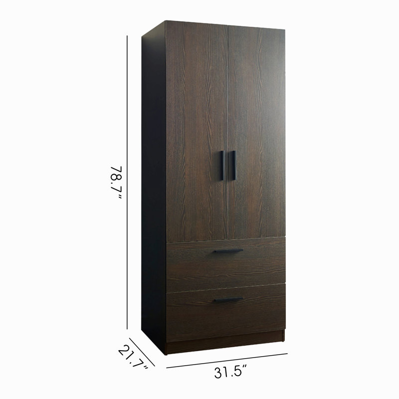 Armoire en bois à deux portes Brook avec deux tiroirs et barres de suspension