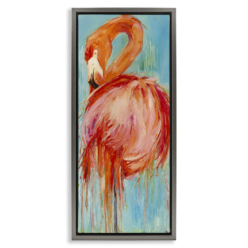 Peinture abstraite audacieuse flamant rose, Cadre flottant gris lustré, H 31 po x l 15 po