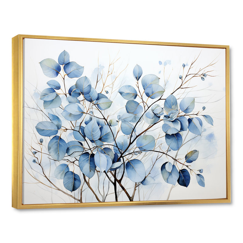 Art mural bleu et gris avec feuilles sur une branche III - feuilles, H 24 po x l 32 po x P 1 po, Cadre flottant doré