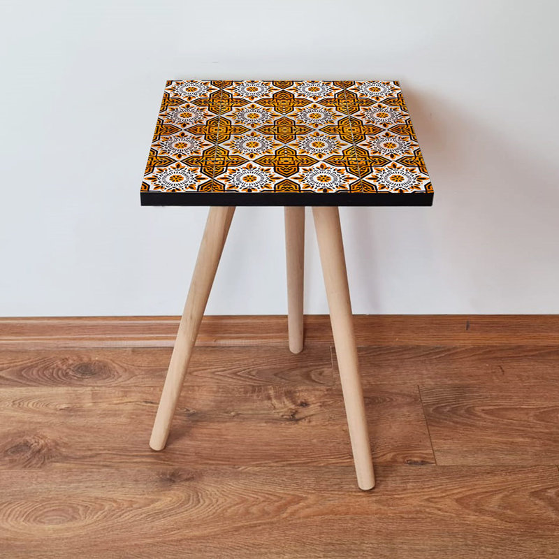 Stylish Side Table with Beech Wood Legs, Orange & White/Brown, 13.8 x 16.5 x 13.8 inches | 100% MDF, Thickness: 0.7 inches | Ethnic Geometric Design, Perfect for Living Room & Bedroom Décor, Durable & Elegant