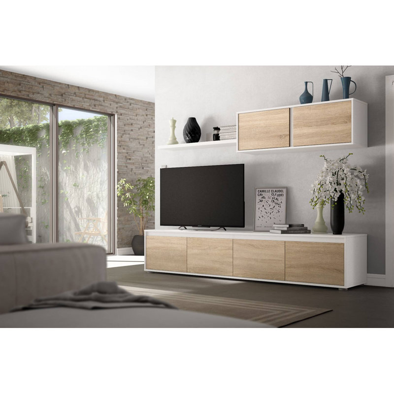 Fitted Wall Savannah, Tv Stand For Living Room Set Composition With Wall Unit, 200X41H43 Cm, White/Brown