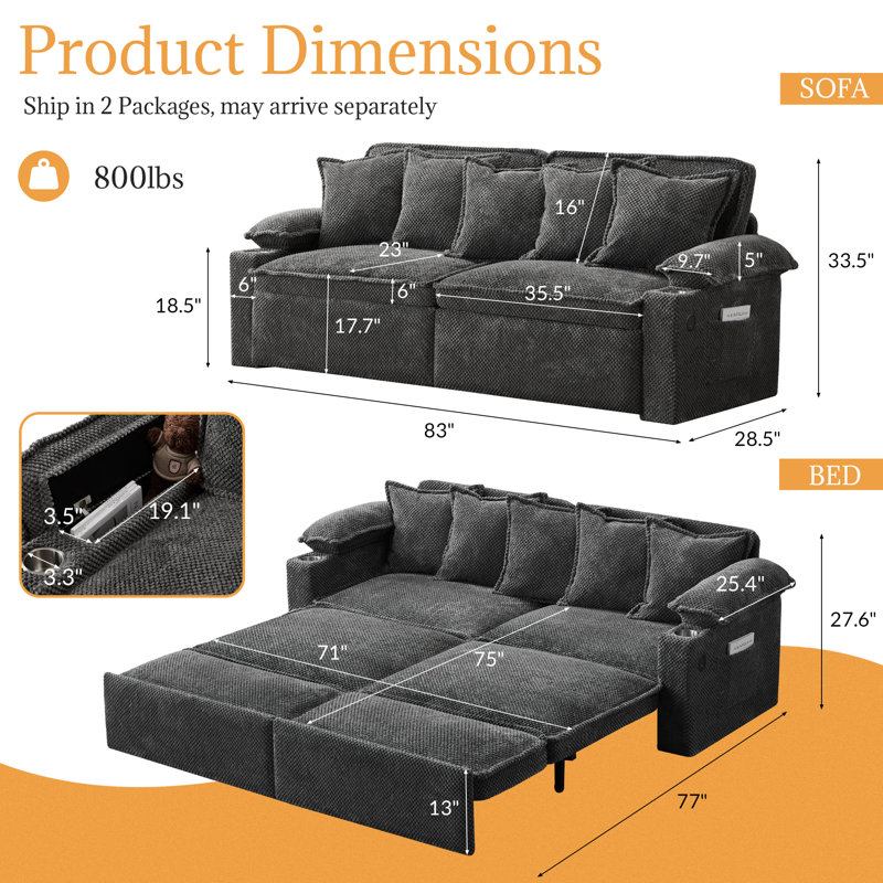 Pull Out Sofa Bed With Storage, Convertible Sleeper Sofa Bed With USB Ports Cup Holders, Corduroy Upholstered Couch With Chaise Lounge For Living Room, Guest Room, Dark Gray