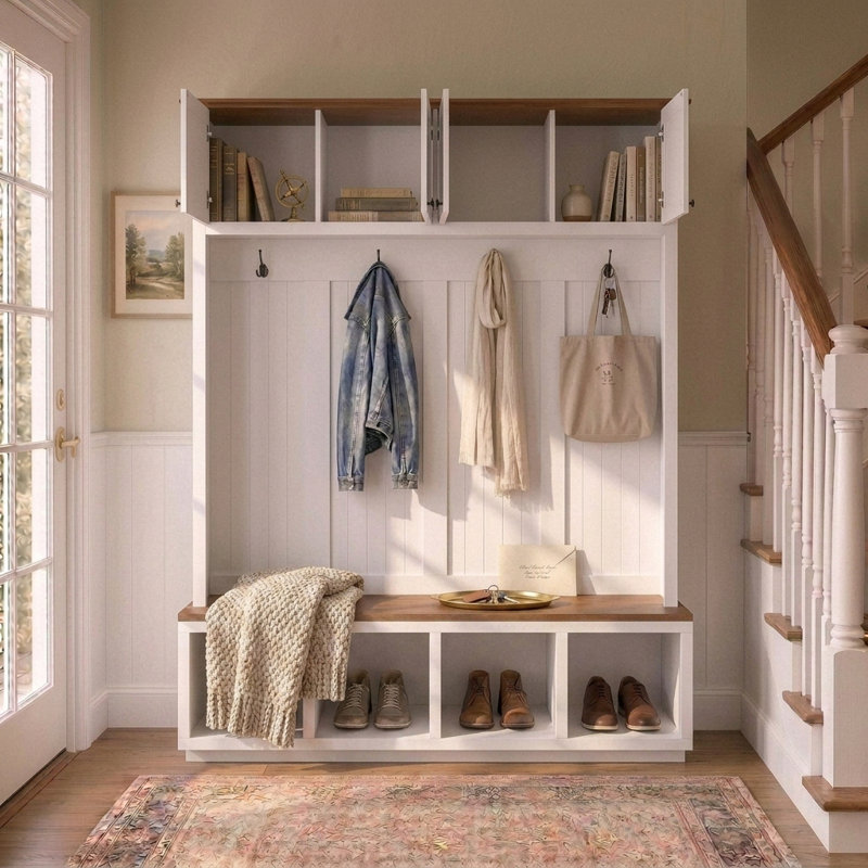 59'' Wide Hall Tree With Bench And 4 Upper Storage Cabinets, Farmhouse Coat Rack With 4 Hooks And Shoe Compartments For Entryway & Mudroom