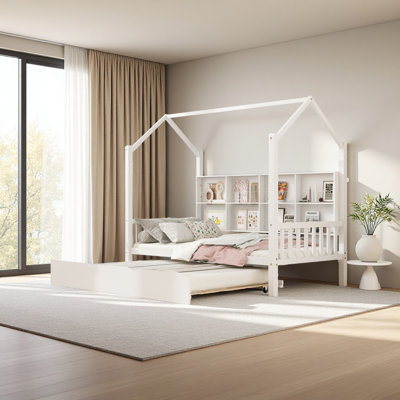 Wooden House Bed With Trundle,Kids Bed With Shelf