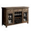 Desserte rustique en noyer avec détails à volutes en métal, verrerie suspendue, support à vin et tablettes, 1 pièce en bois massif de style contemporain avec touches transitionnelles