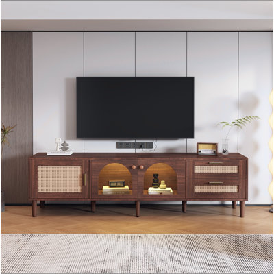Meuble télé 70 po pour téléviseur de 80 po ou moins, meuble audio-vidéo avec éclairage à DEL contrôlé par application, 2 tiroirs et porte vitrée, console multimédia moderne pour le salon