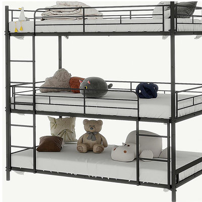 Heavy-duty triple frame bed with built-in ladder and full-length railing, floor safe for children/teens/adults, bedroom/dorm room, no springs required, easy to assemble, black