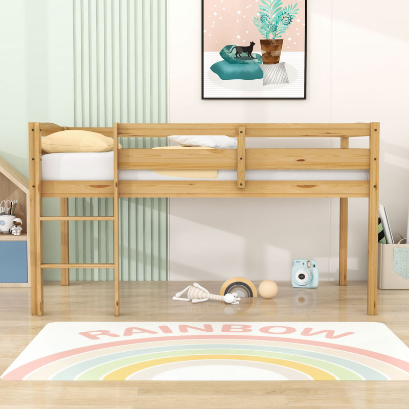 Twin Wood Loft Bed With Ladder And Guardrails, Natural