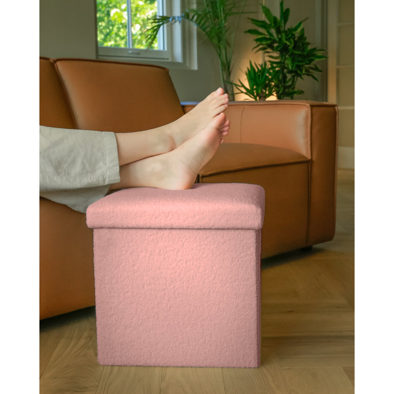 Go-Poufs Knock-Down Medium Cube Teddy Boucle Storage Ottoman | 15"x15"x15" |, Pink Cotton Blend