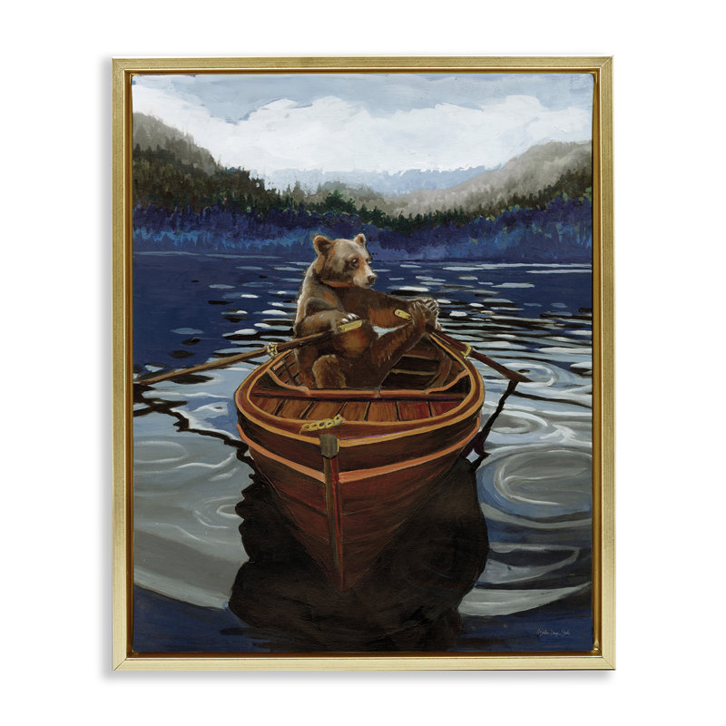 «Brown Bear on Row Boat Floater», art mural par Stellar Design Studio, Cadre flottant métallique doré, H 31 po x l 25 po