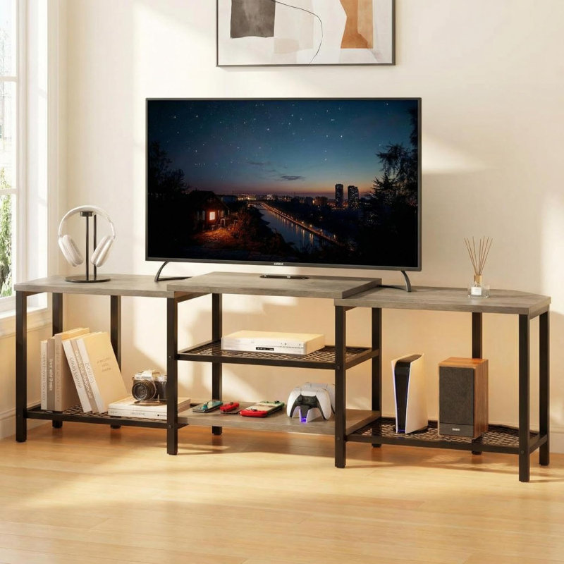 Corner TV Stand up to 75", Media Console with 4 Open Shelves & Power Outlets, Grey, Gray