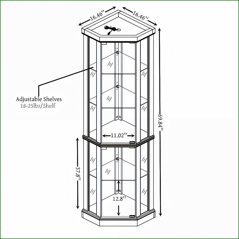 Cabinets: Lighted Corner Curio Cabinet with Adjustable Shelves | Light Oak | Traditional MDF+Glass