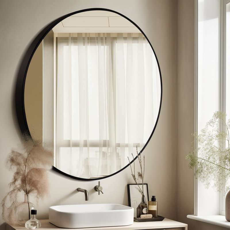 Karrina Round Metal Accent Mirror, Black, 32" x 32"