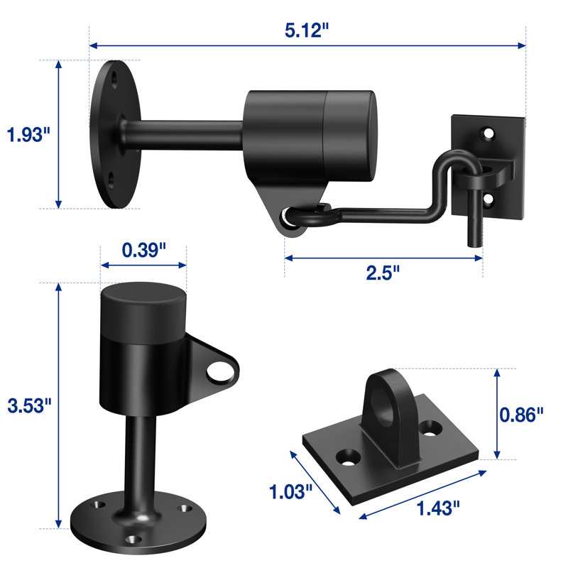 3,6 po Butoir de porte en acier noir avec support, Noir mat