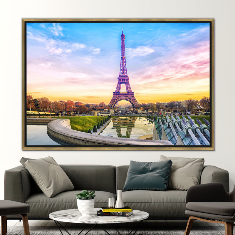 Art sur toile, tour Eiffel, coucher de soleil, H 45 po x l 65 po, Impression encadrée flottante sans passe-partout, Doré