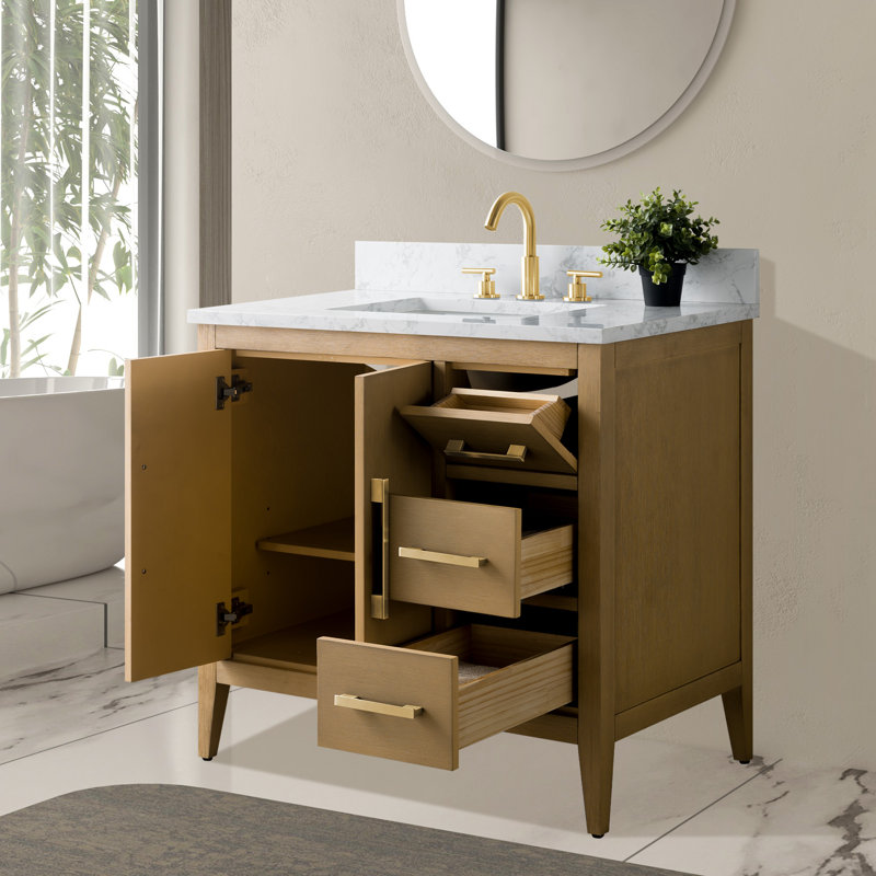Meuble-lavabo simple 36 po avec plateau en marbre Chambery, Chêne naturel, Golden Brushed