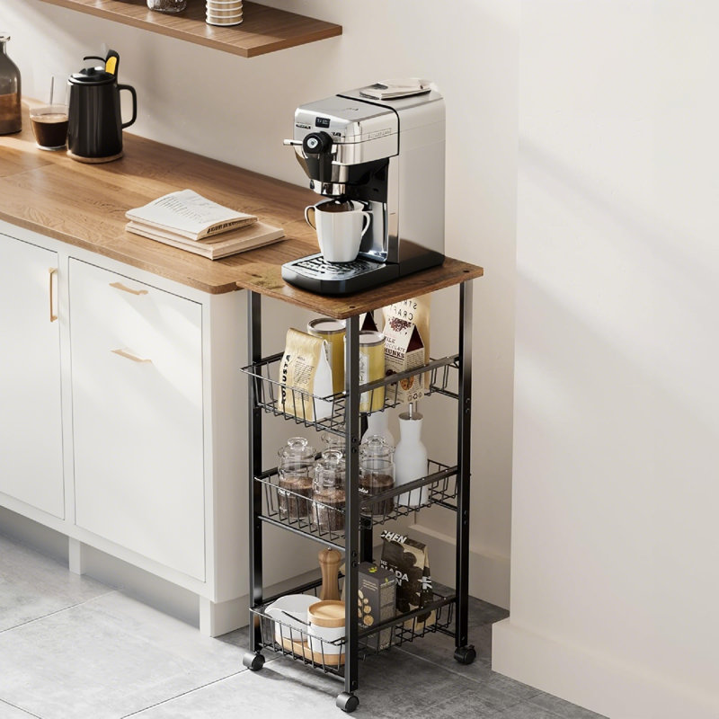 4-Tier Rolling Kitchen Organizer Cart With Slide-Out Baskets And Tabletop For Efficient Food Storage And Snack Organization (Modern, Space-Saving Design)