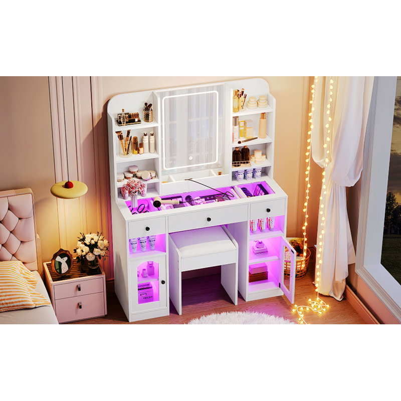 Vanity Desk With LED Mirror And Lights, Glass Top Vanity With RGB Glass Light Cabinets, Dressing Table With Drawers, Storage Shelves And Stool For Bedroom
