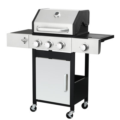Outdoor Barbecue Grill With 3 Gas, Side Burner And Heat- Core Enameled Fire Balancer