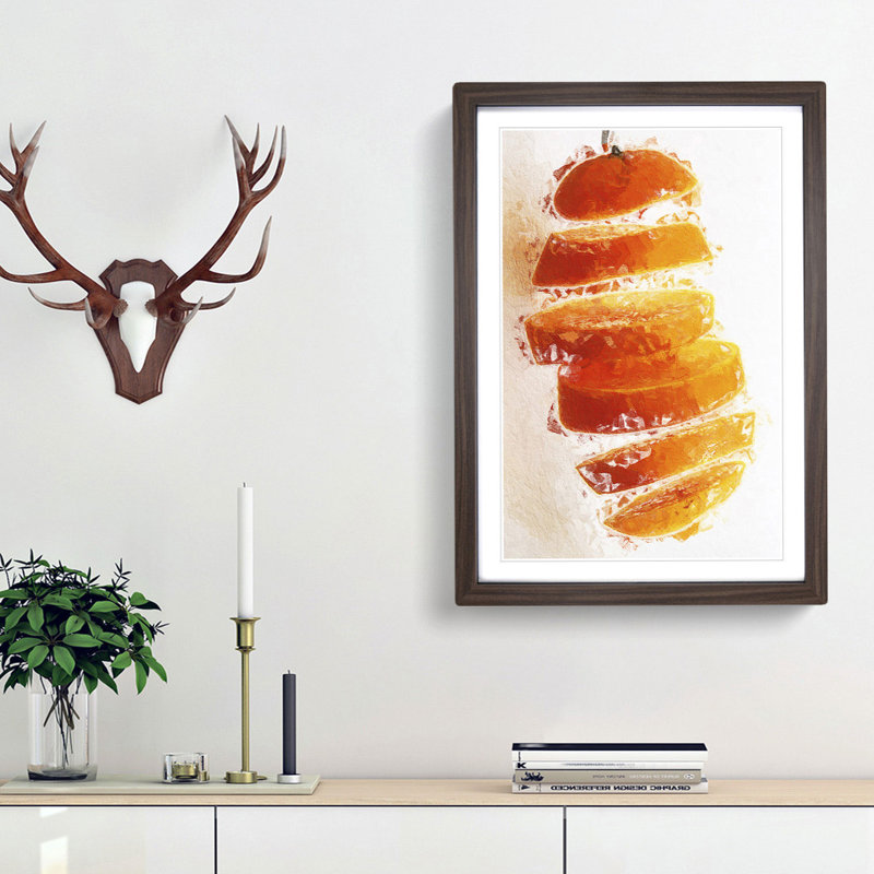 Floating Sliced Orange in Abstract - Picture Frame Painting Print, 48cm H x 36cm W x 2cm D, Walnut Framed